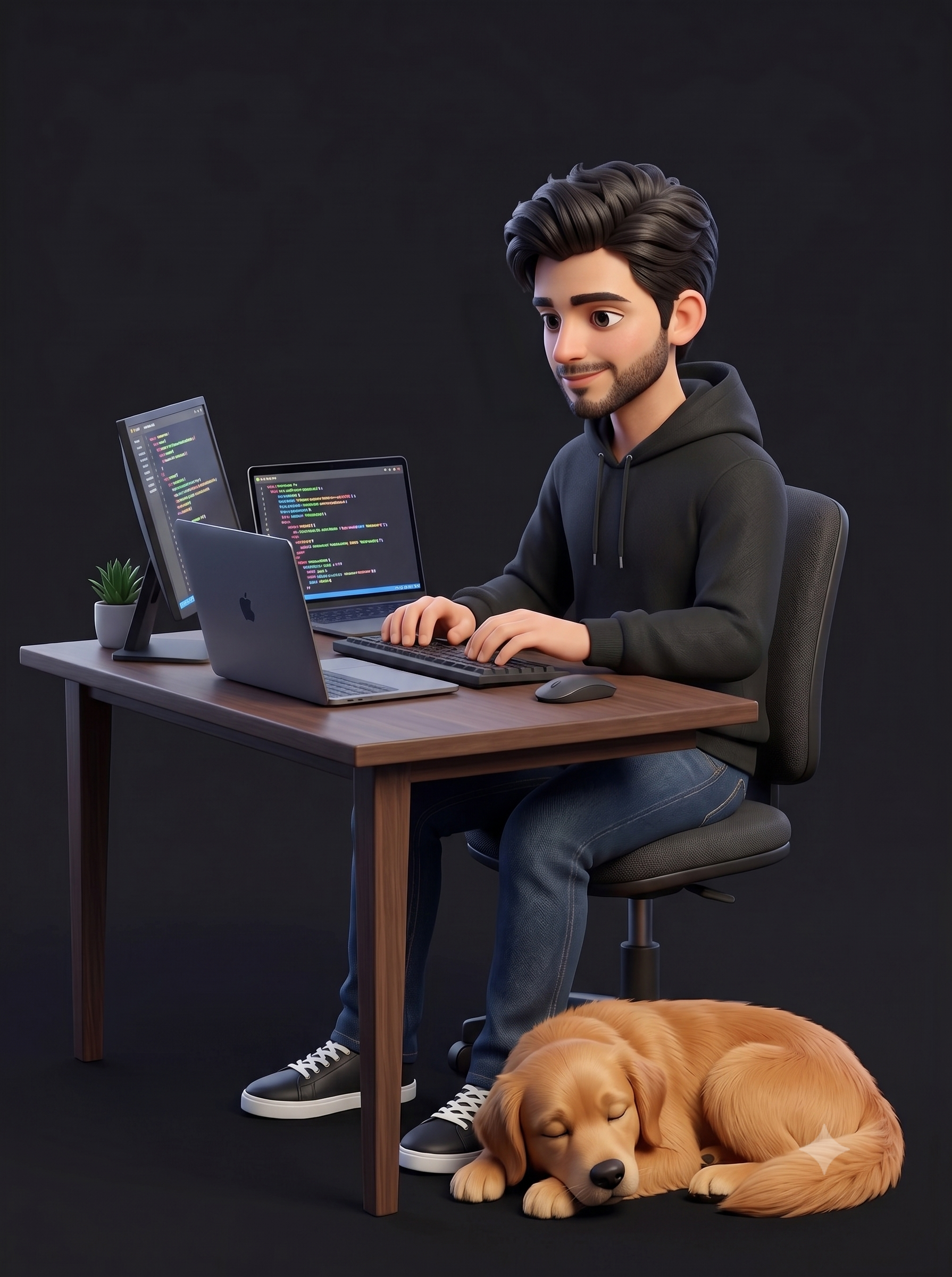 3D cartoon render of Binod B K coding at his desk